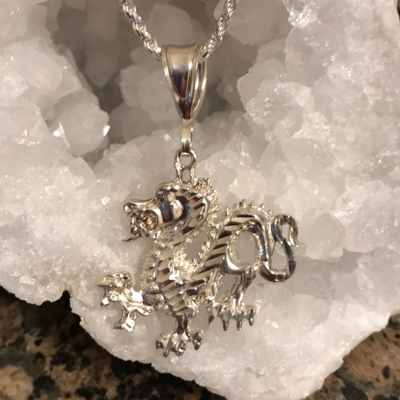 STERLING SILVER DRAGON PENDANT W/ROPE CHAIN NWT - Picture 5 of 5